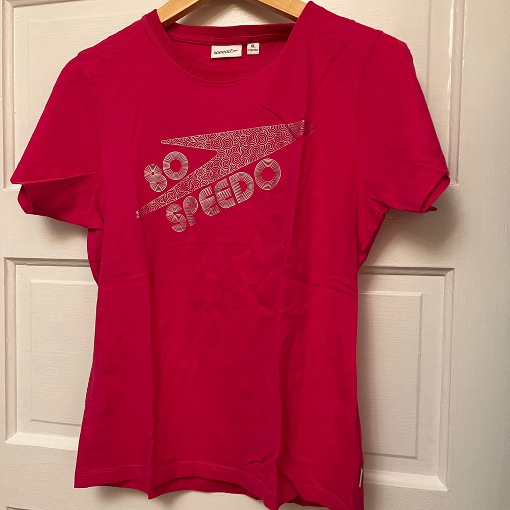 Speedo Womens XL Hot Pink T-Shirt Metallic Silver 80s Retro Graphic Tee Cotton